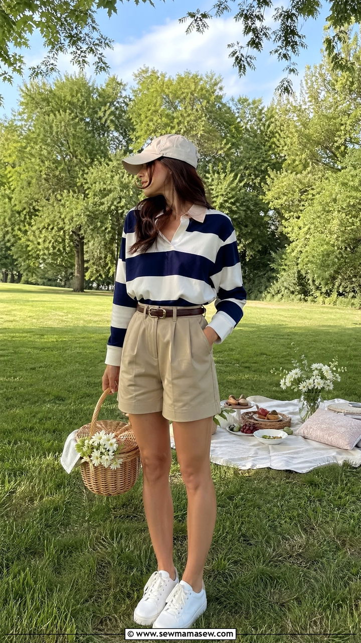 Rugby Shirt With High Waisted Shorts Preppy Outfit - 35 spring preppy outfit ideas