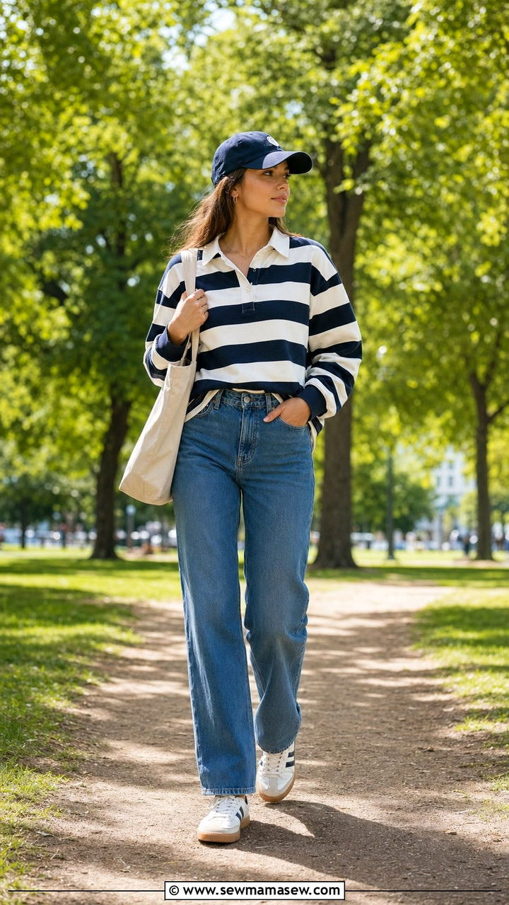 Rugby Shirt and Relaxed Straight Jeans Outfit - 35 mom outfit ideas