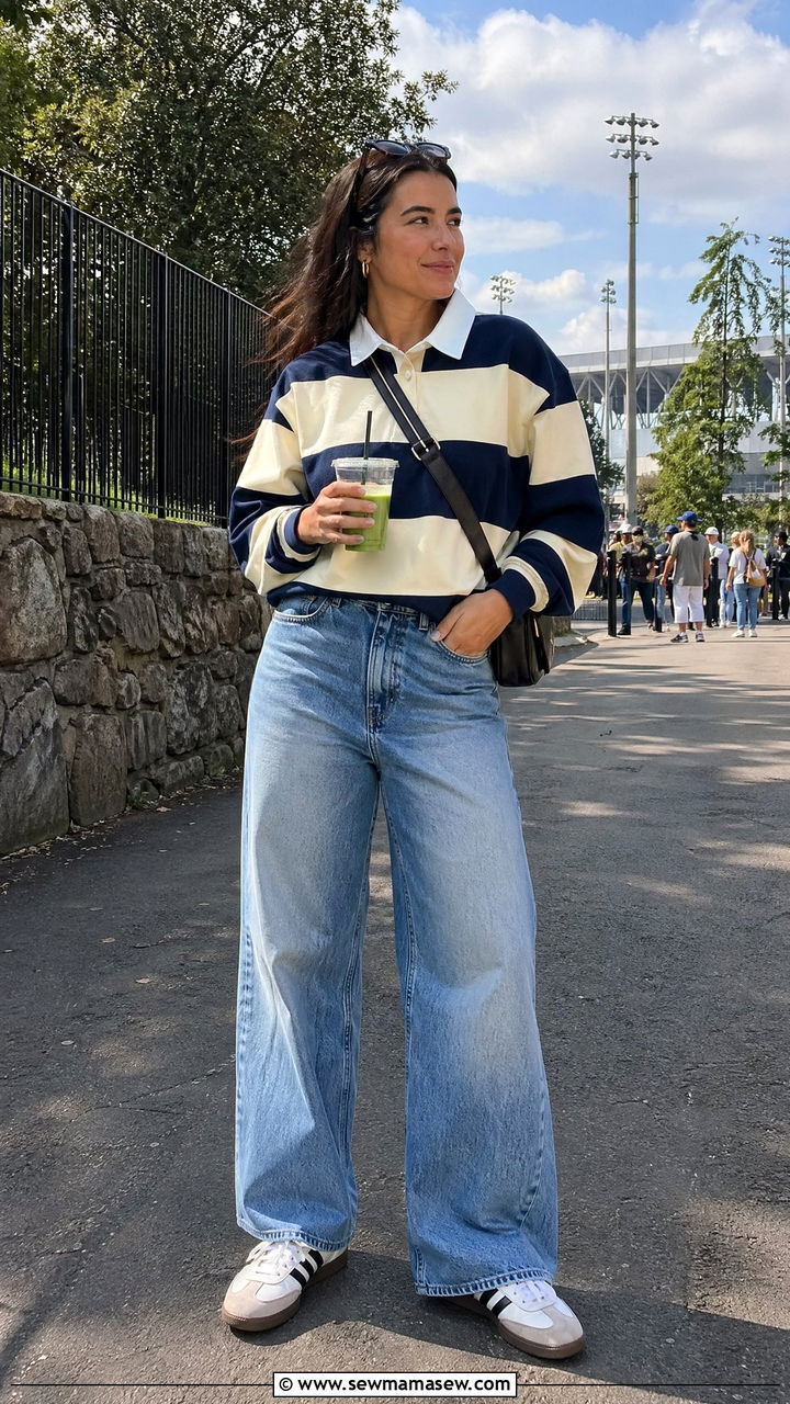Rugby Shirt and Retro Sneakers with Wide Leg Jeans - 35 wide leg jeans outfits for women