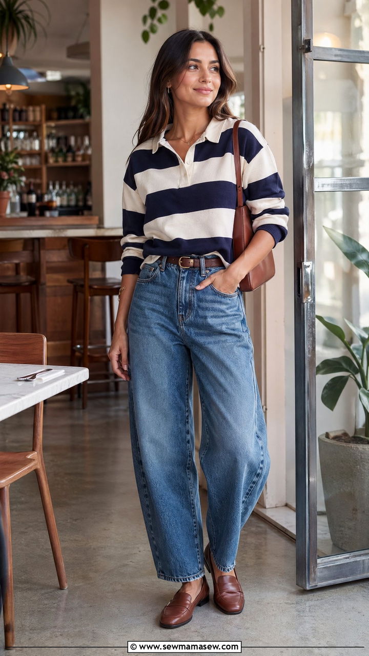 Rugby Shirt with Barrel Leg Jeans and Loafers Outfit - 35 transitional sporty chic outfit ideas