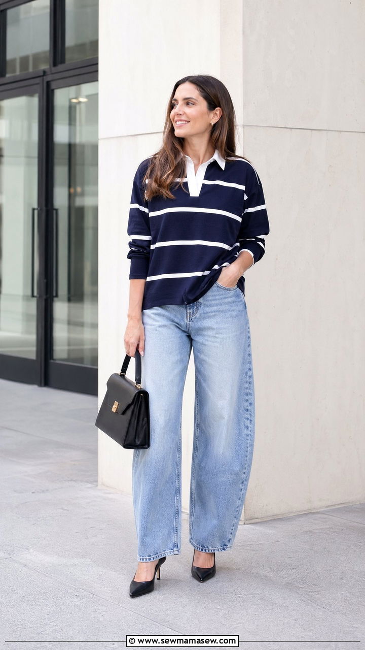 Rugby Shirt with Barrel Leg Jeans and Pumps Outfit - 35 sporty chic outfits
