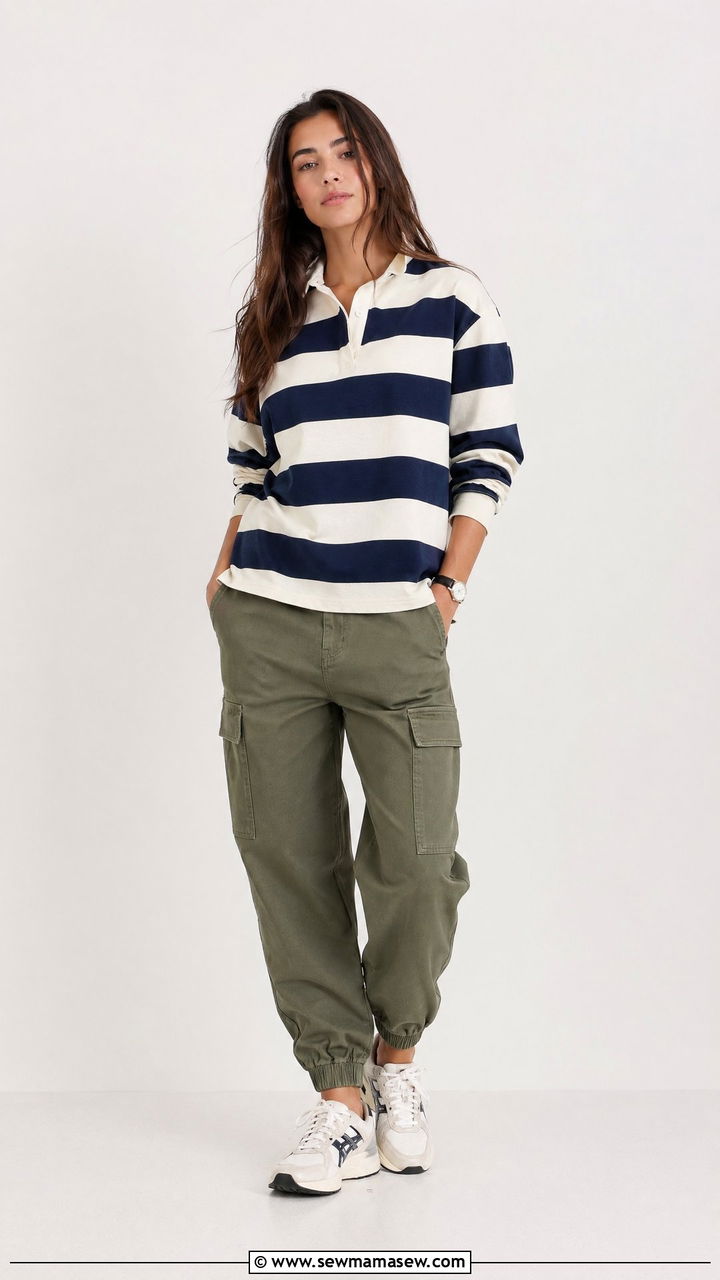 Rugby Stripe Top with Cargo Joggers and Retro Kicks - 35 summer sporty chic outfit ideas