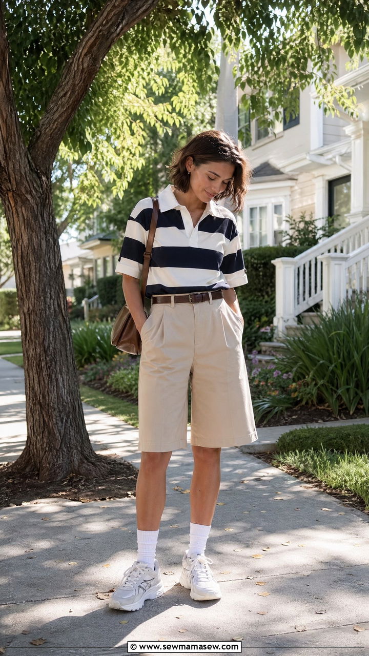 Rugby polo with bermuda shorts and dad sneakers - 35 Transitional wardrobe ideas