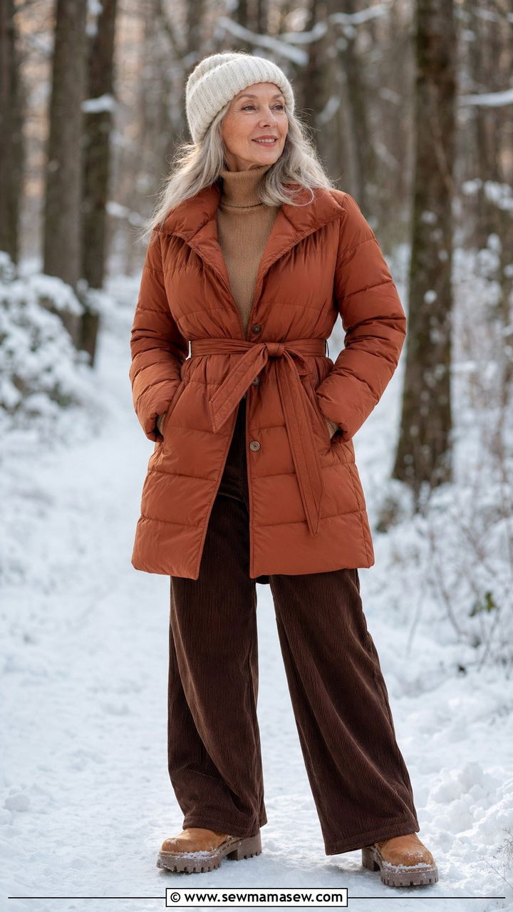 Rust Belted Puffer Coat for Women Over 60 - 30 Best jackets for women over 60
