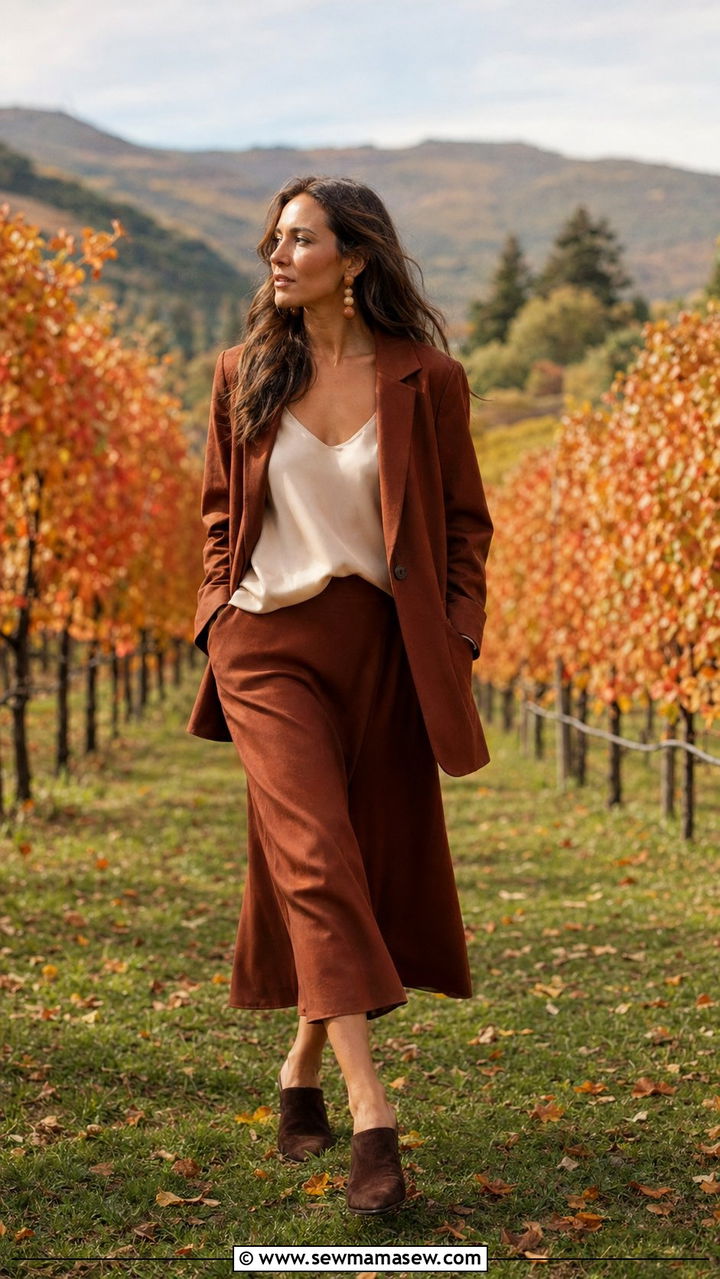 Rust Blazer and Fluid Midi Skirt Set - 30 Blazer and skirt matching set outfit ideas