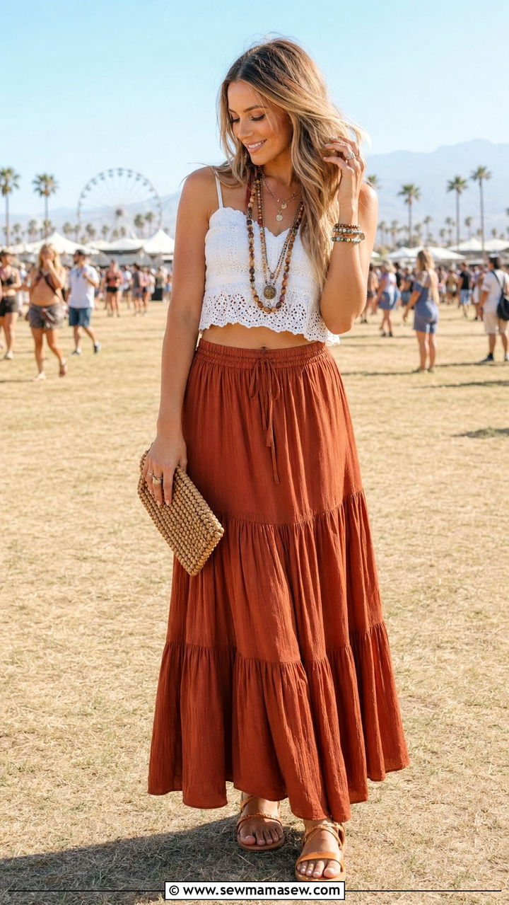 Rust Boho Maxi Skirt with White Crop Top Outfit - 35 Rust outfit ideas
