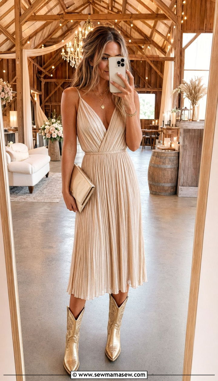 Rust Brown Boho Maxi Dress with Black Cowboy Boots - 30 Barn wedding guest outfit ideas