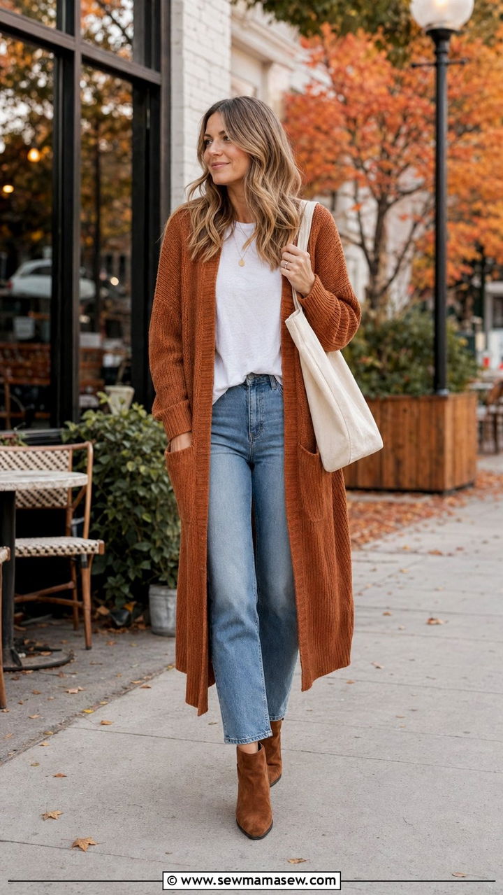 Rust Cardigan with Blue Jeans and Ankle Boots Outfit - 35 Rust outfit ideas