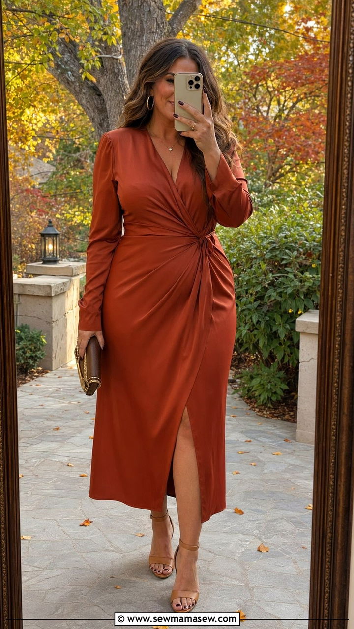 Rust Colored Wrap Midi Dress With Ankle Strap Heels - 30 wedding guest outfits for apple shaped body