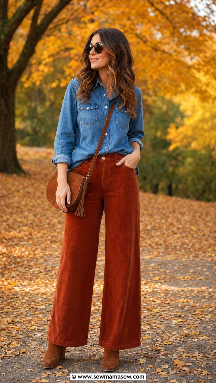 Rust Corduroy Pants with Chambray Shirt Outfit - 35 Rust outfit ideas