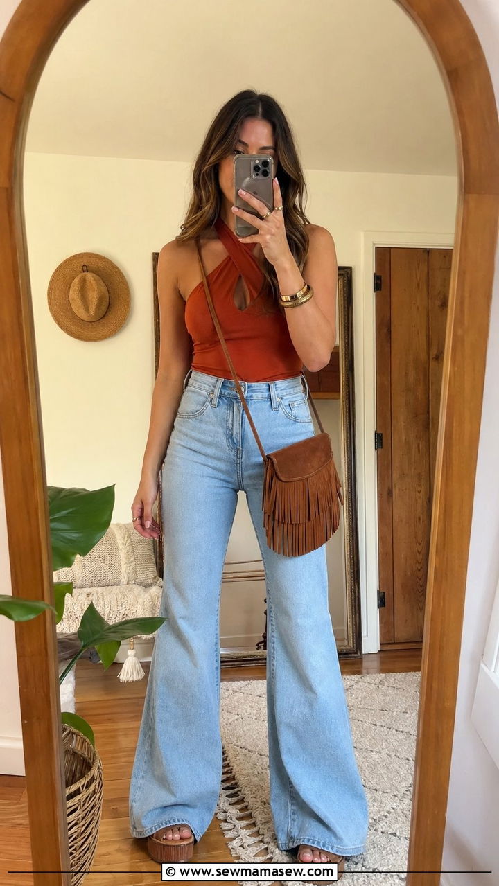Rust Halter Top with High Waist Flared Jeans Outfit - 35 Rust outfit ideas