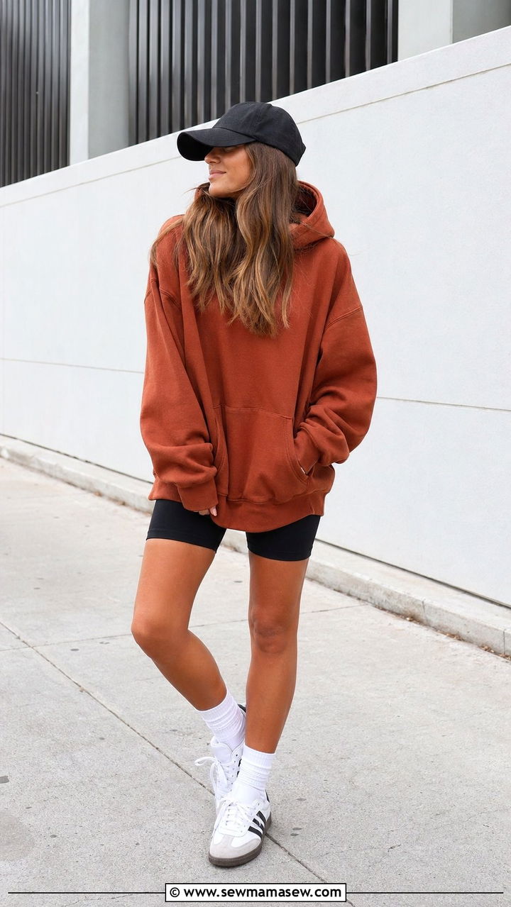 Rust Hoodie with Biker Shorts and Sneakers Outfit - 35 Rust outfit ideas