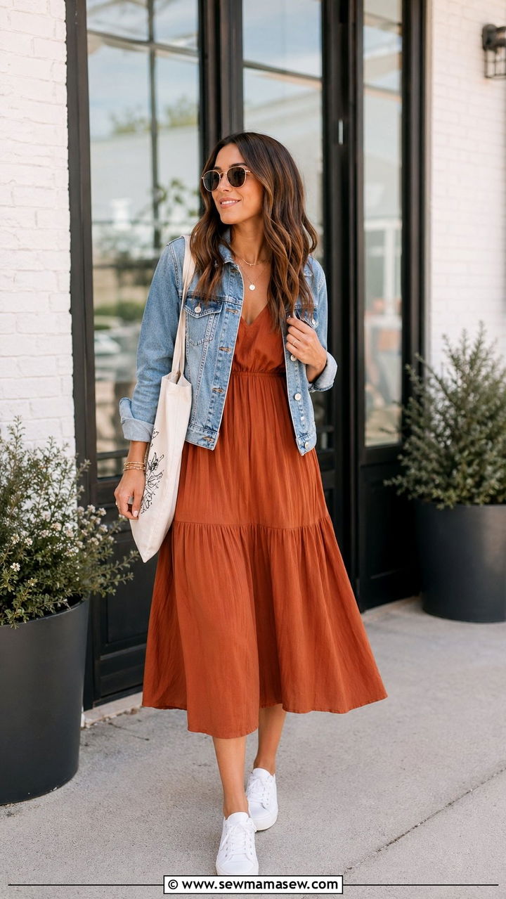 Rust Midi Dress with Denim Jacket Outfit - 35 Rust outfit ideas