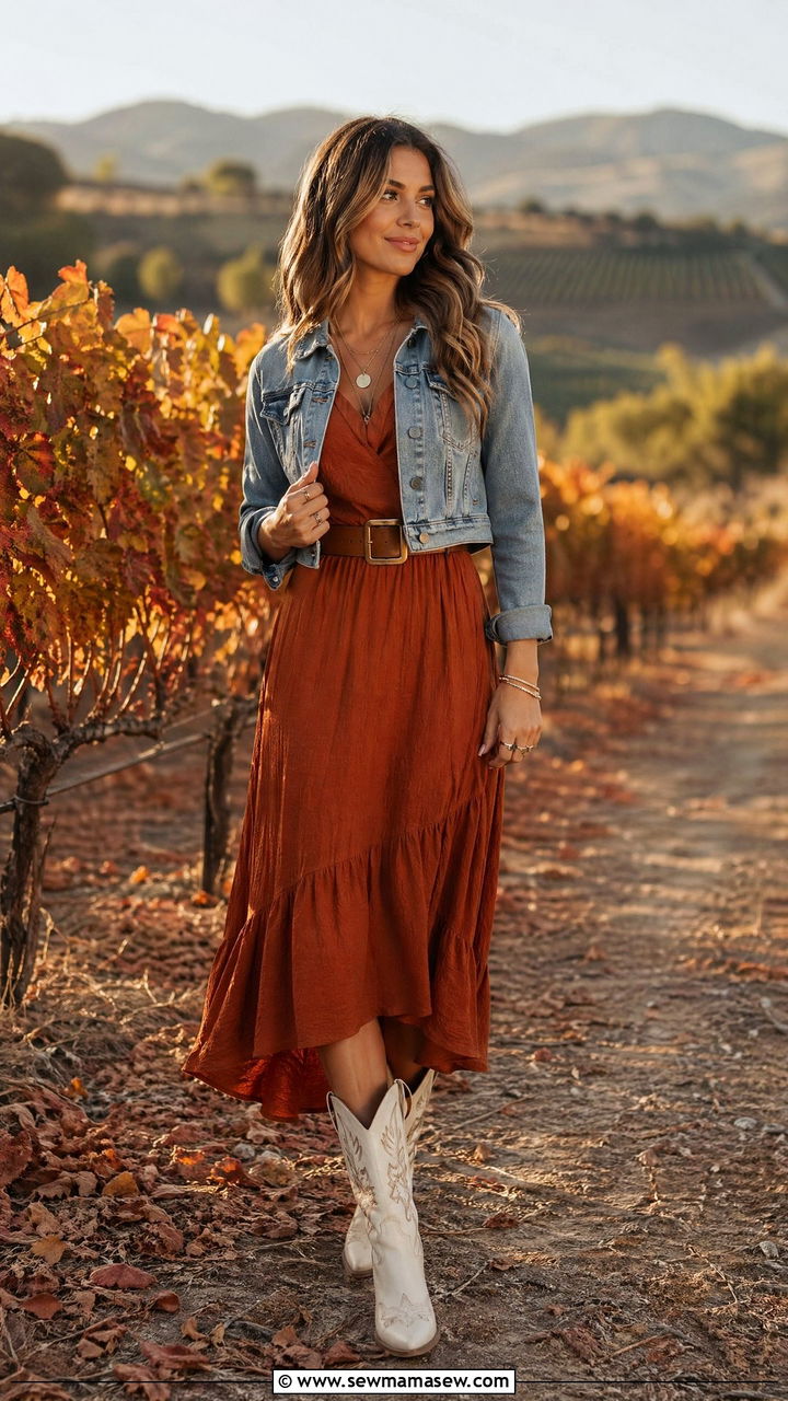 Rust Midi Dress with Denim Jacket and Cream Boots - 35 Western chic outfit ideas