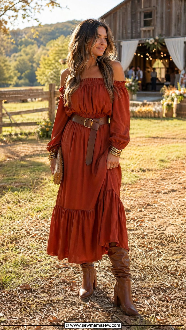 Rust Off Shoulder Maxi with Tall Boots - 35 Countryside wedding guest outfit ideas