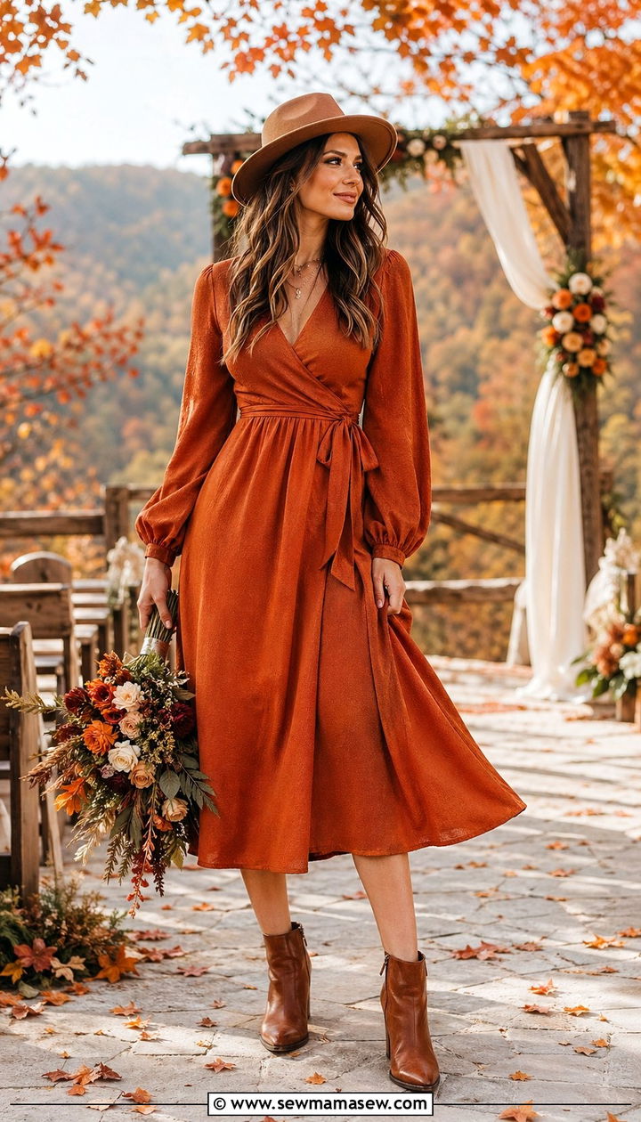 Rust Orange A Line Midi Dress with Ankle Boots - 35 Outdoor wedding guest outfit ideas