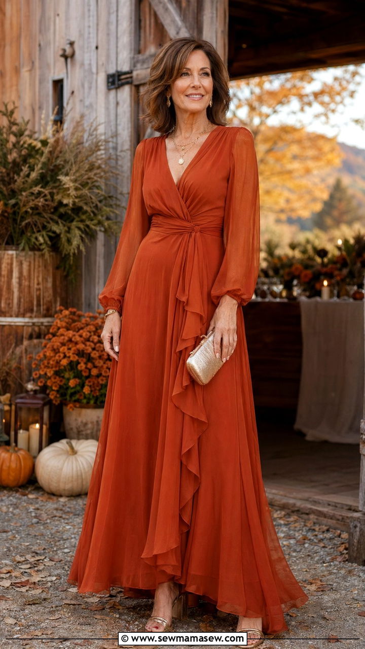 Rust Orange Chiffon Maxi Dress For Fall Wedding - 35 Mother of the groom outfit ideas
