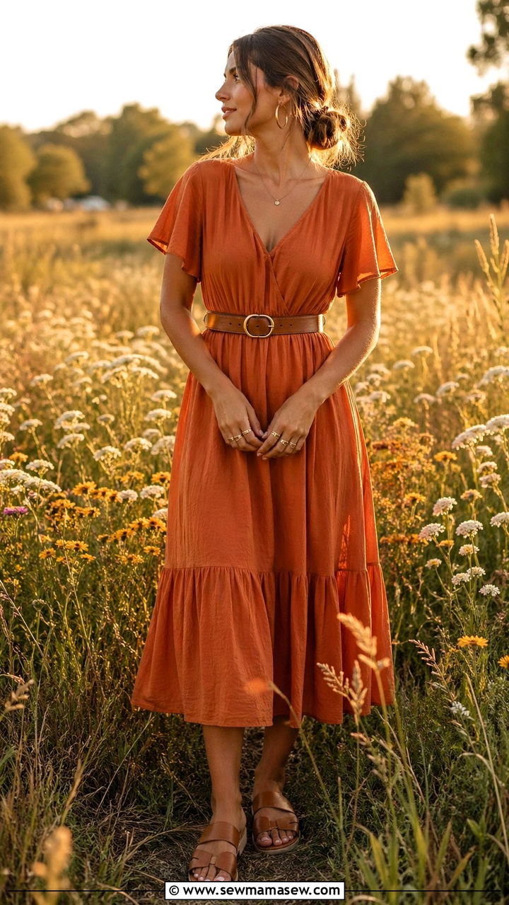 Rust Orange Midi Dress With Tan Sandals - 30 Spring flower field photoshoot outfits