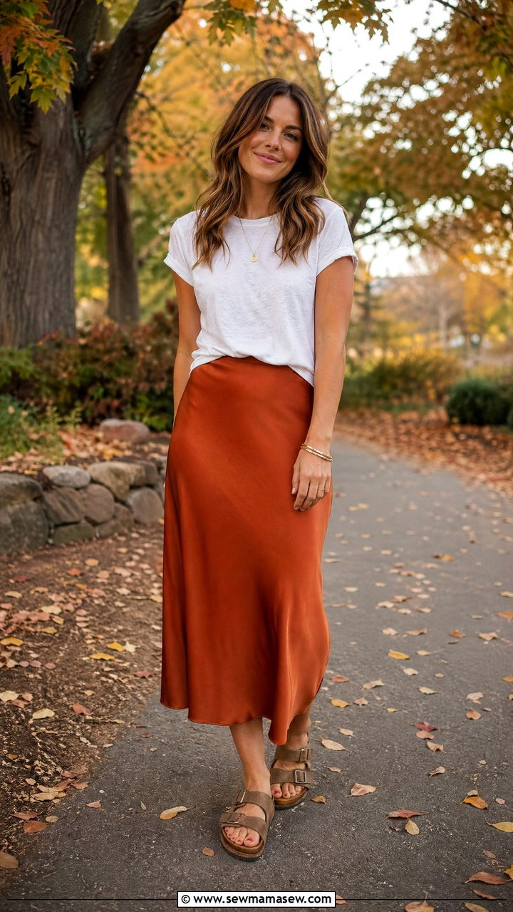 Rust Orange Slip Skirt With A White Tee And Cork Sandals - 35 Cork outfit ideas