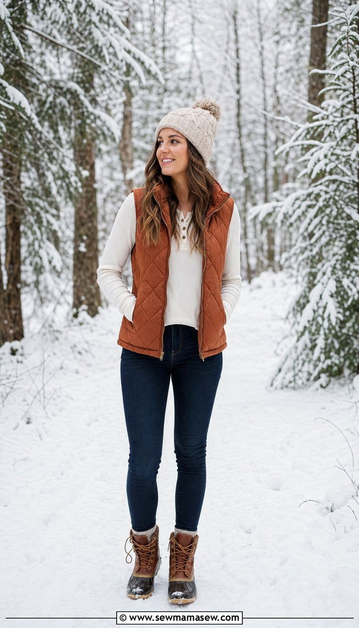 Rust Puffer Vest with Long Sleeve Tee Outfit - 35 Rust outfit ideas