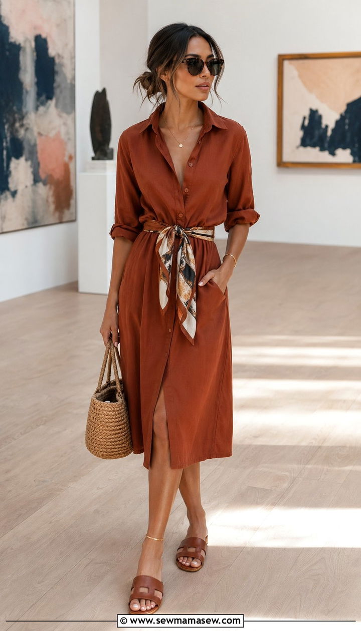 Rust Shirt Dress With Printed Scarf Belt - 30 Aesthetic outfit ideas 2026