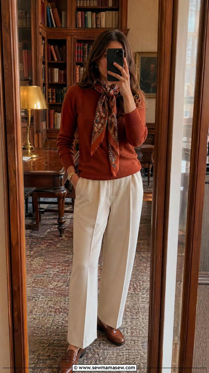 Rust Sweater With Cream Trousers And Loafers - 35 Conference outfit ideas