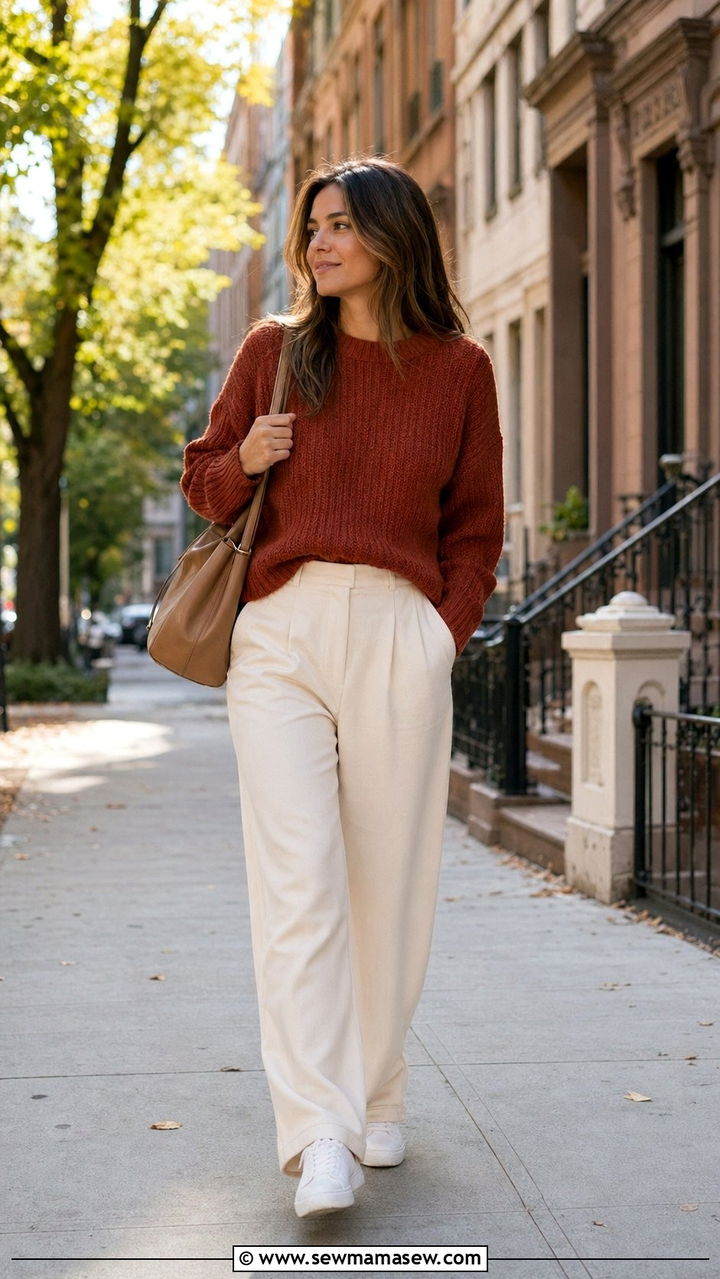 Rust Sweater with Cream Wide Leg Trousers Outfit - 35 Rust outfit ideas