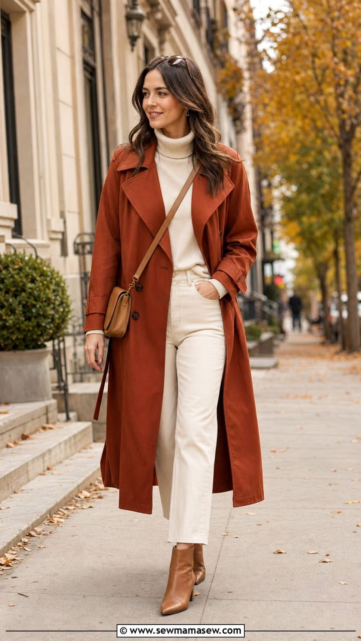 Rust Trench Coat with Cream Turtleneck Outfit - 35 Rust outfit ideas