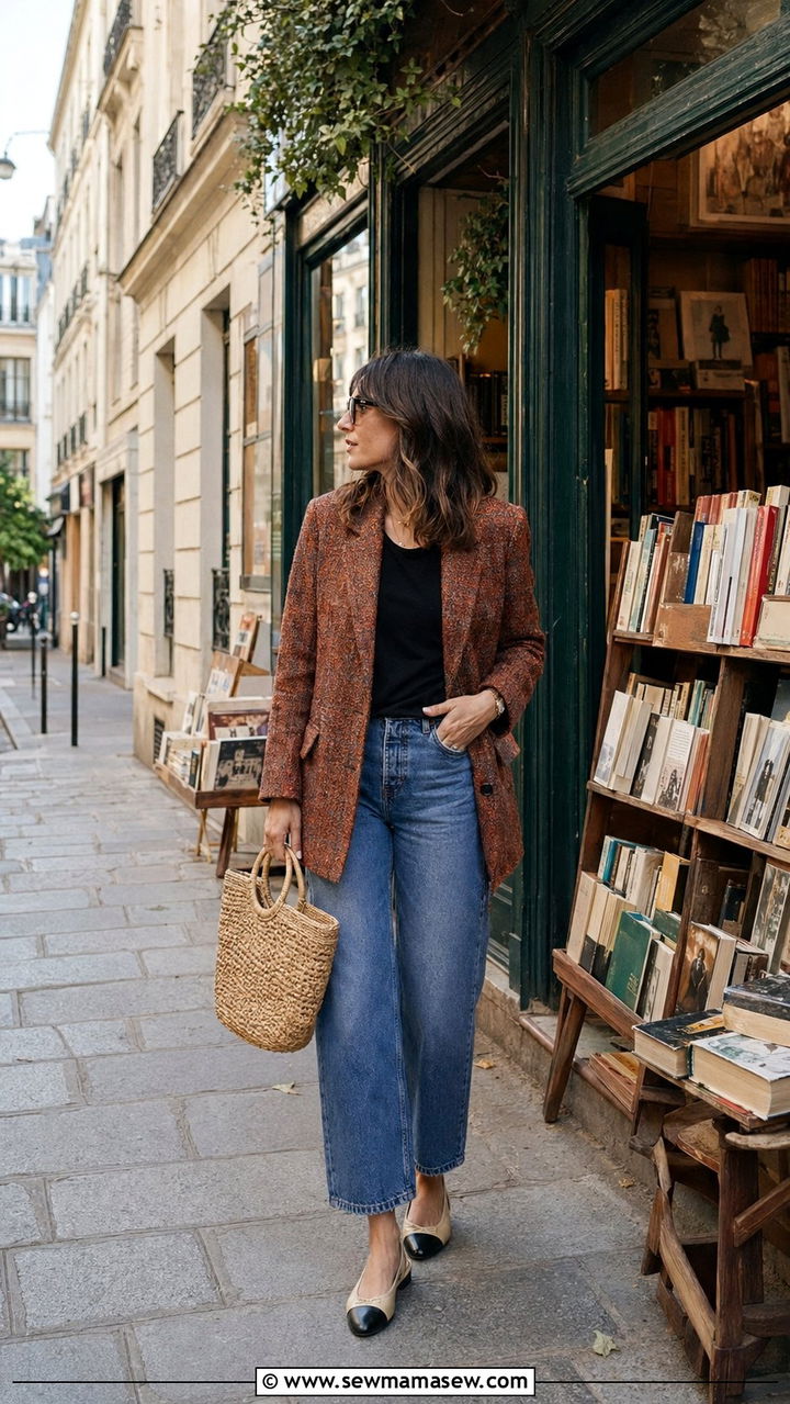 Rust Tweed Blazer with Black Tee and Cropped Denim - 35 Paris outfits ideas