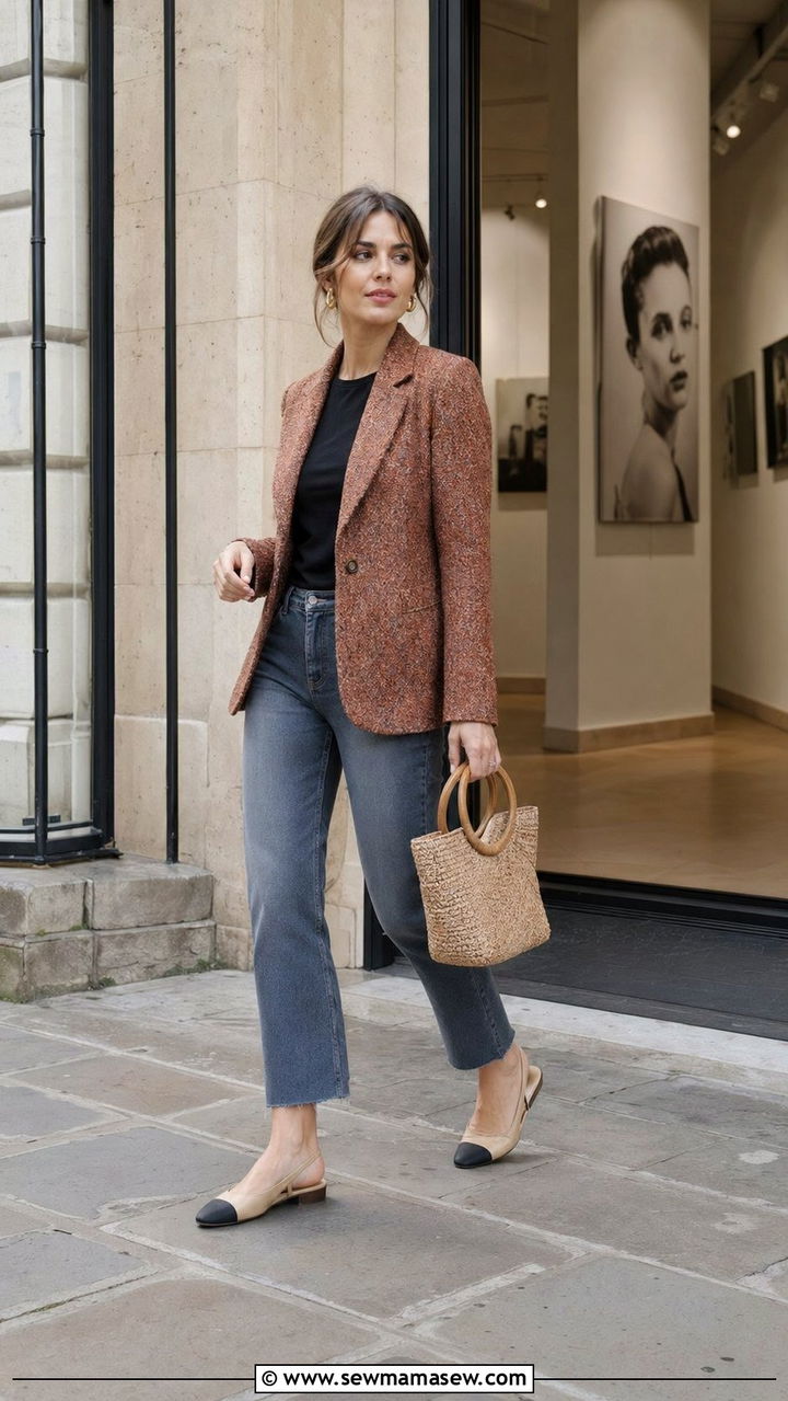 Rust Tweed Blazer with Black Tee and Cropped Jeans - 35 Paris outfits for women