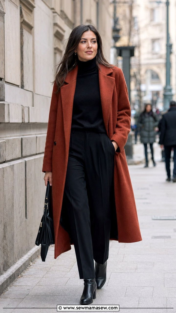 Rust Wool Coat with All Black Outfit - 35 Rust outfit ideas