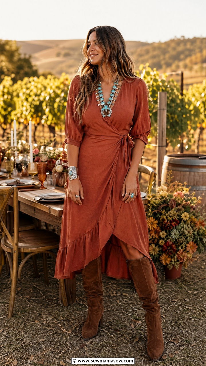 Rust Wrap Dress With Turquoise Jewelry - 35 Western boho outfit ideas