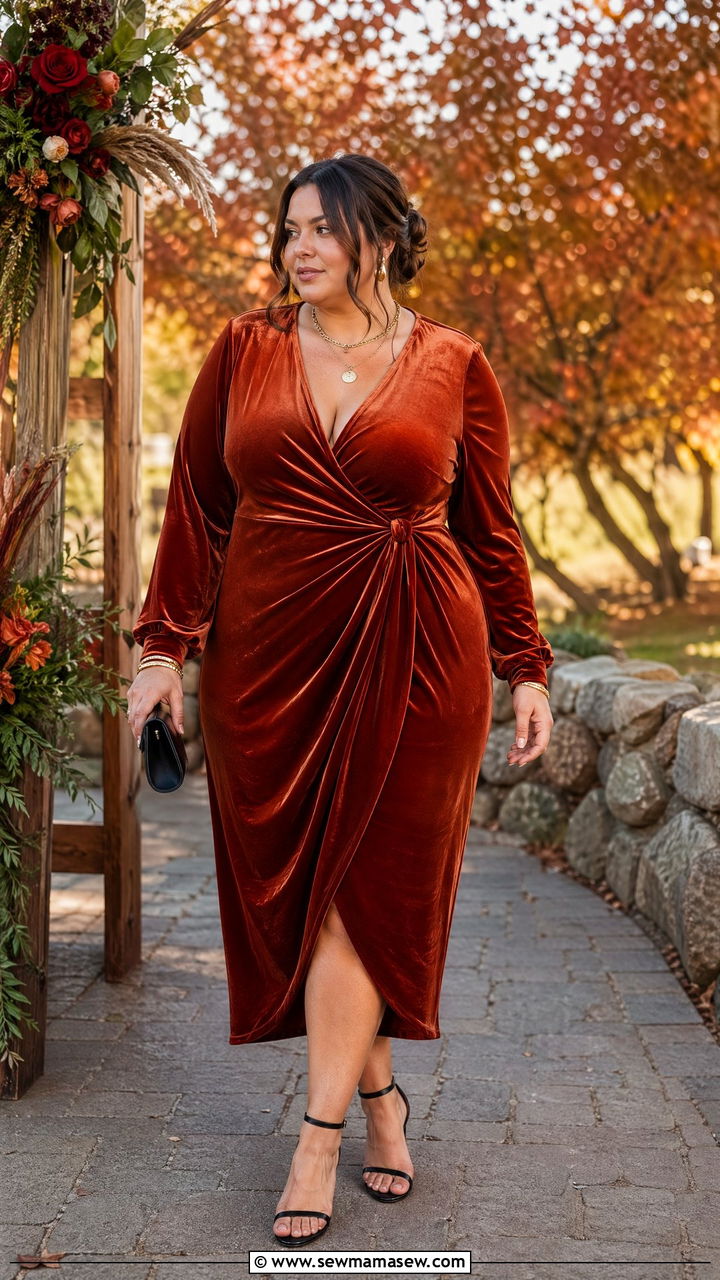 Rust Wrap Plus Size Wedding Guest Midi Dress - 35 wedding guest outfits for plus size women