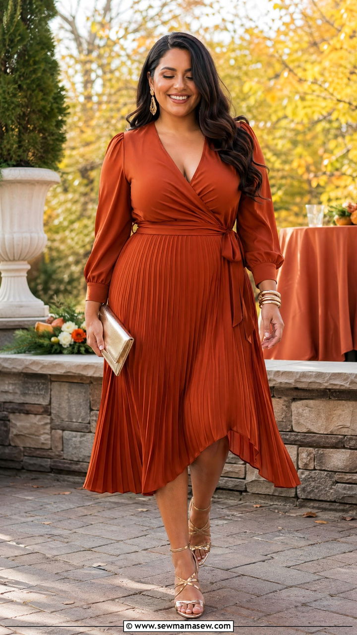 Rust pleated midi wrap dress with gold accessories - 35 Wedding guest outfits for curvy women