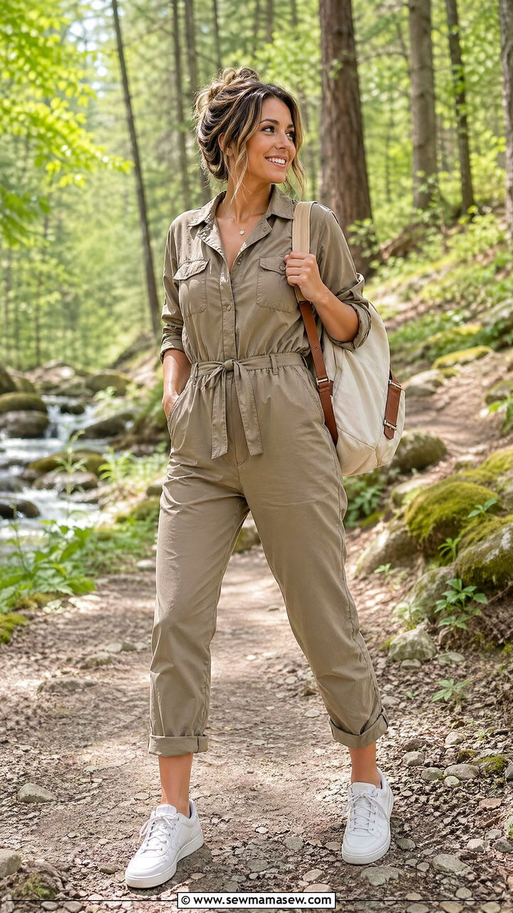 Safari Utility Jumpsuit for Busy Mornings - 35 Spring outfits for stay at home moms