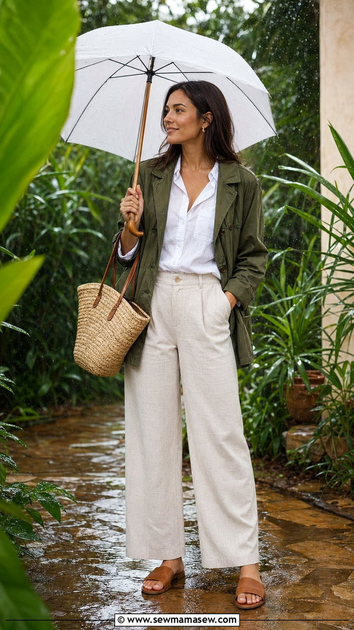 Safari jacket with linen pants for light rain - 35 rainy day outfits for women