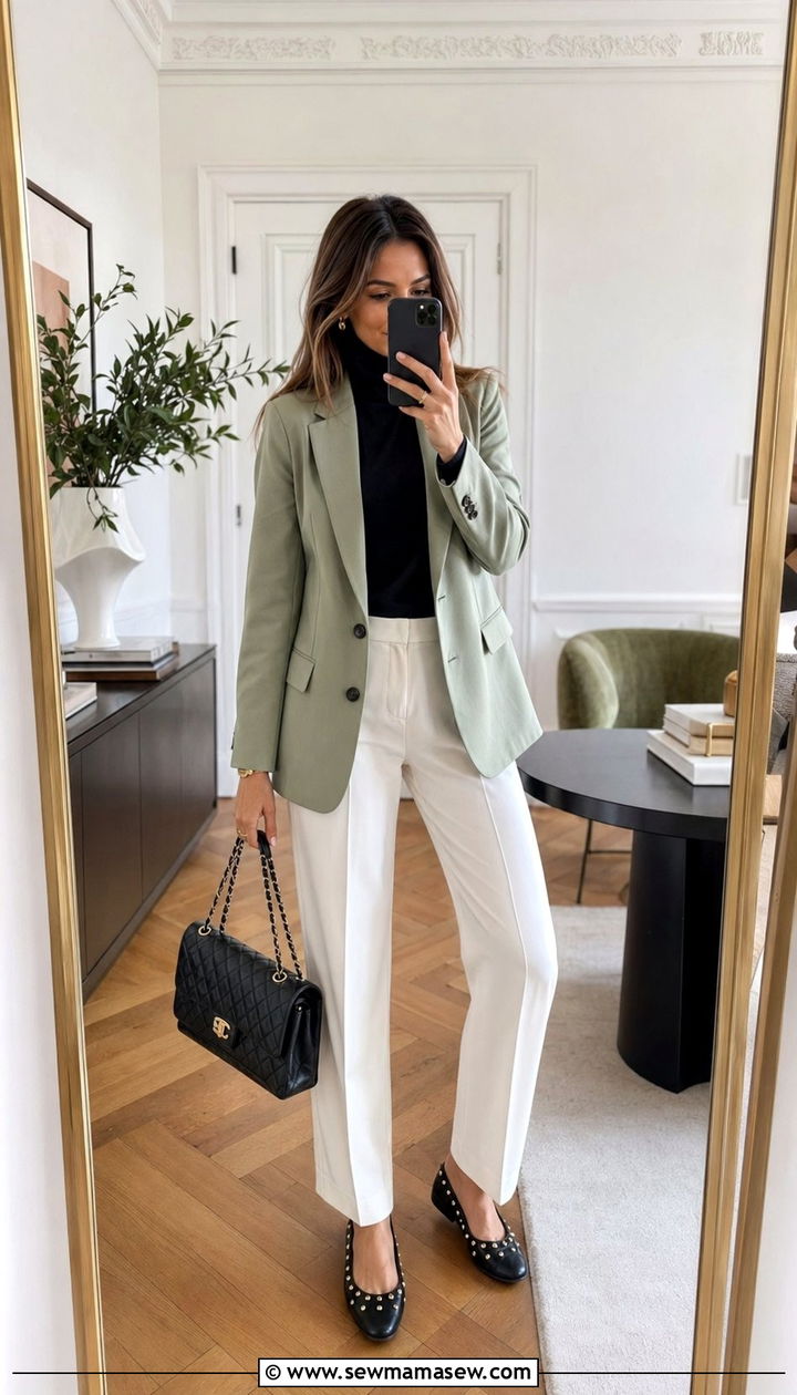 Sage Blazer with Black Turtleneck and White Trousers - 35 Paris outfits ideas