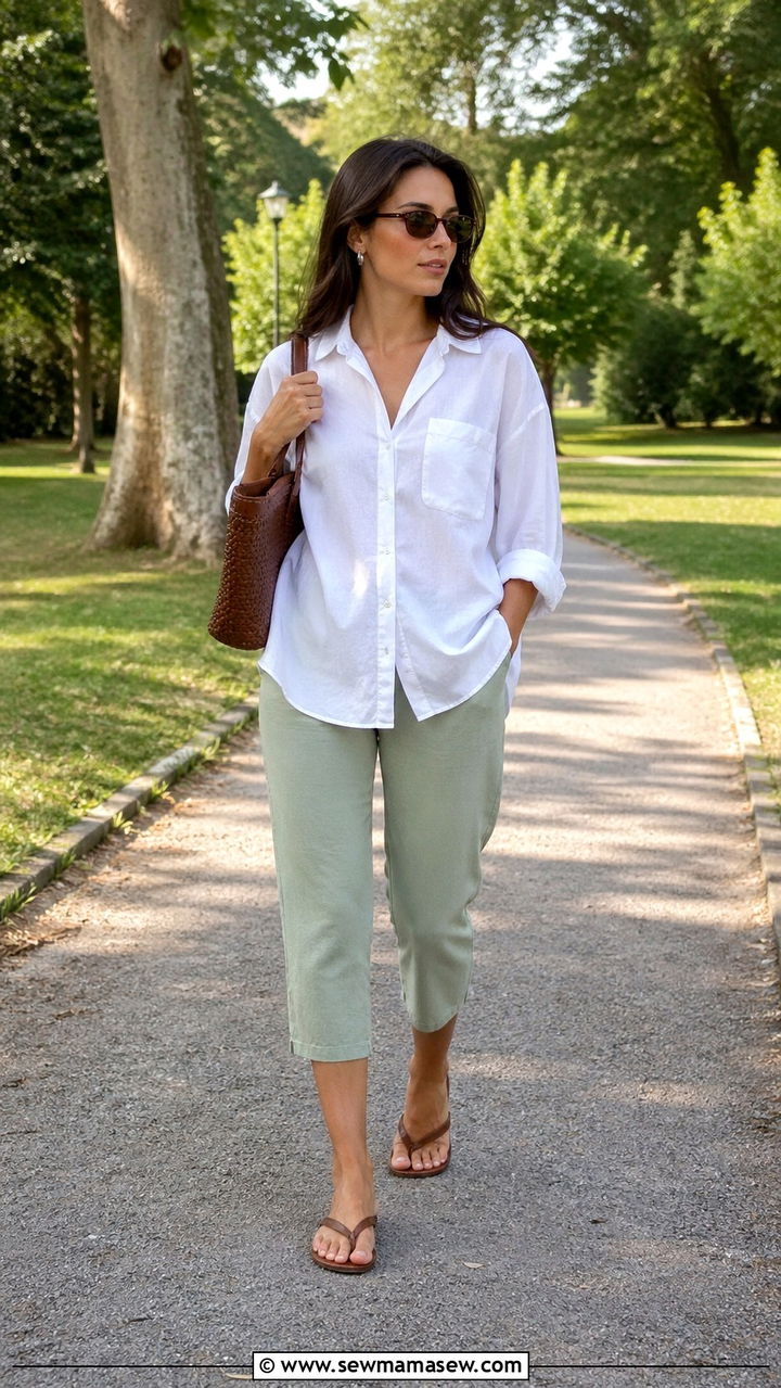 Sage Capri Pants With Oversized White Button Down and Flip Flops - 30 spring capri pants outfit ideas