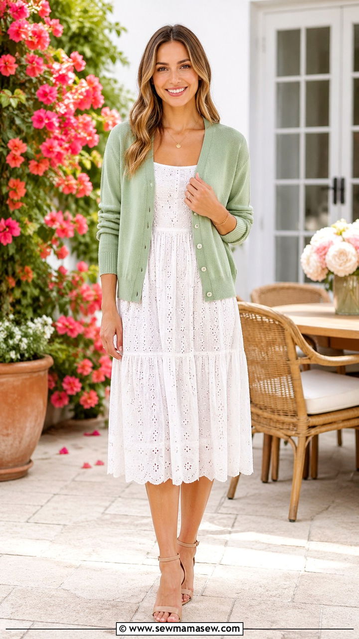 Sage Cardigan Over A White Eyelet Dress - 30 spring cottagecore outfits
