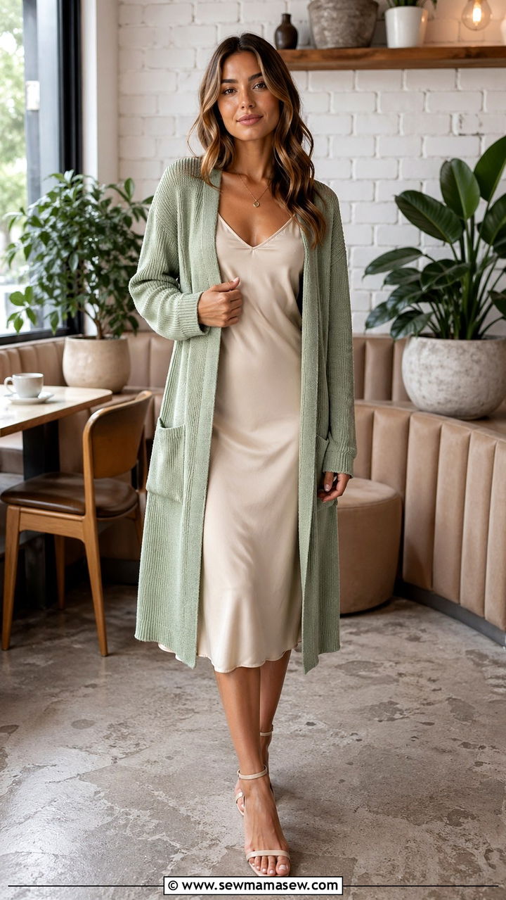Sage Green Cardigan and Slip Dress Outfit - 40 All sage green outfit ideas
