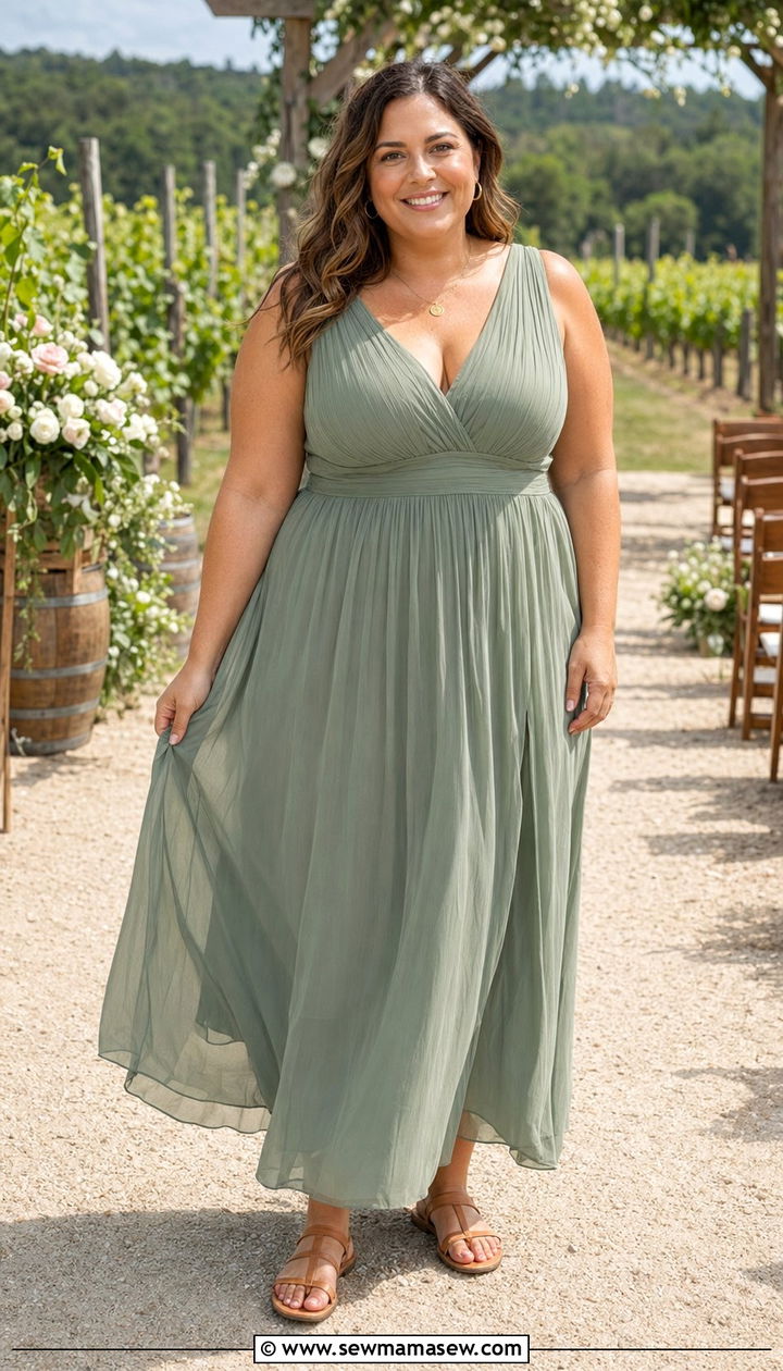 Sage Green Chiffon A Line Maxi Dress With Tan Sandals - 30 wedding guest outfits for apple shaped body