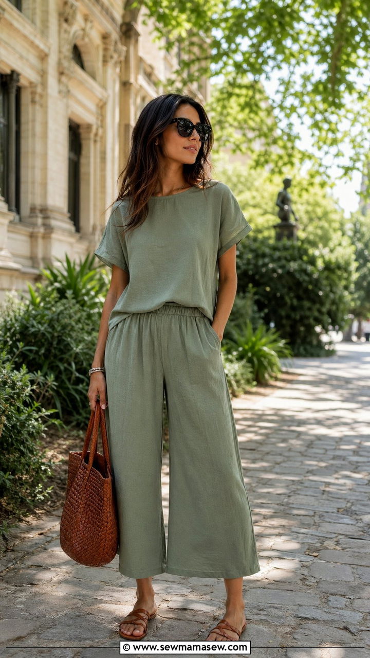 Sage Green Co Ord Set with Woven Tote and Sandals - 35 Paris outfits for women