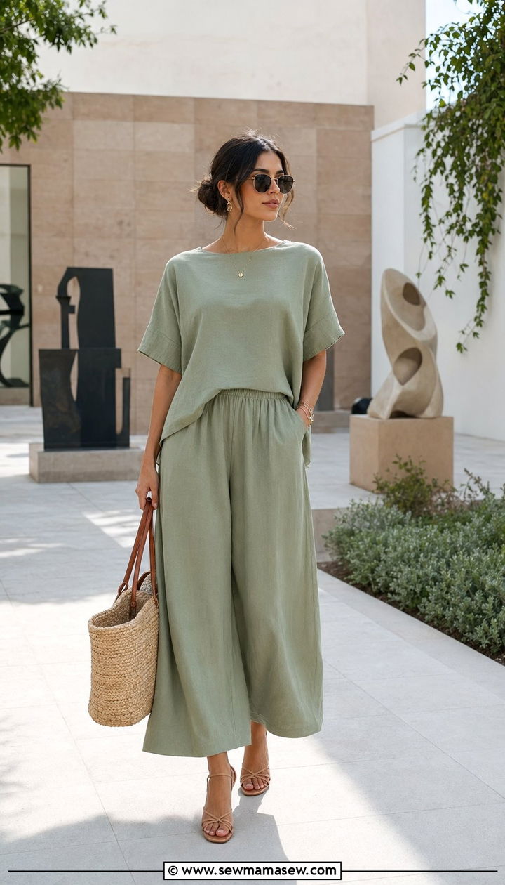 Sage Green Co ord Set with Woven Tote - 35 Paris outfits ideas