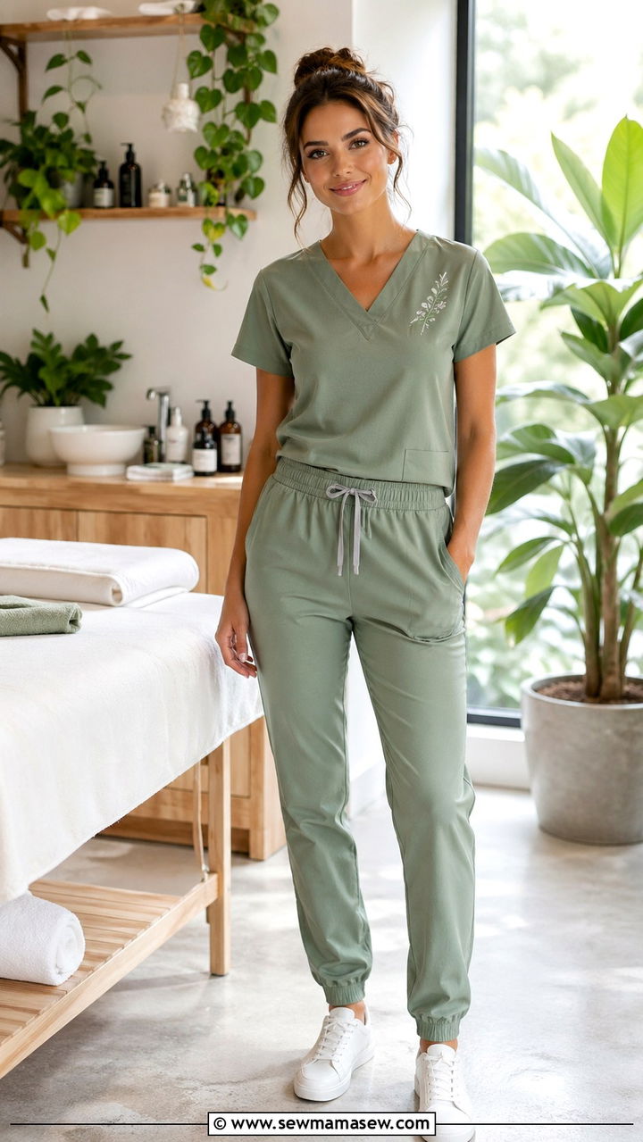 Sage Green Embroidered Scrub Set Spa Esthetician Outfit - 30 Spa esthetician outfit ideas