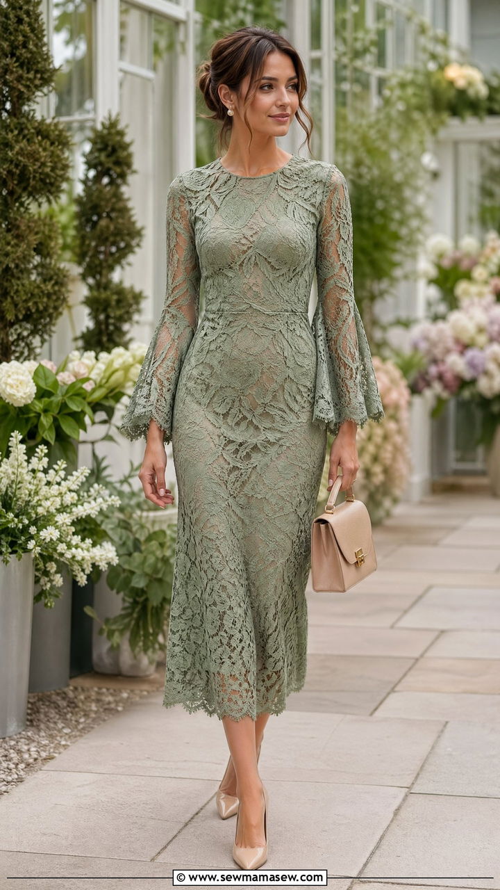Sage Green Lace Midi Dress With Bell Sleeves - 35 wedding guest outfit ideas for women