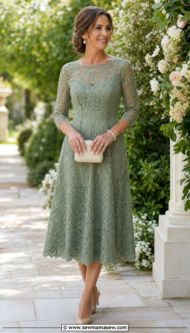 Sage Green Lace Tea Length Dress With Pearl Accessories - 30 Wedding guest outfits for mom