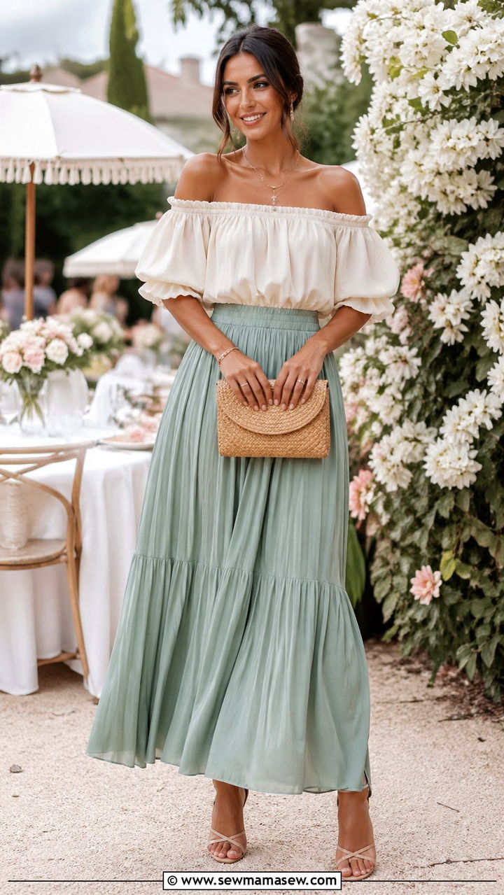 Sage Green Maxi Skirt and Off Shoulder Top Outfit - 40 All sage green outfit ideas