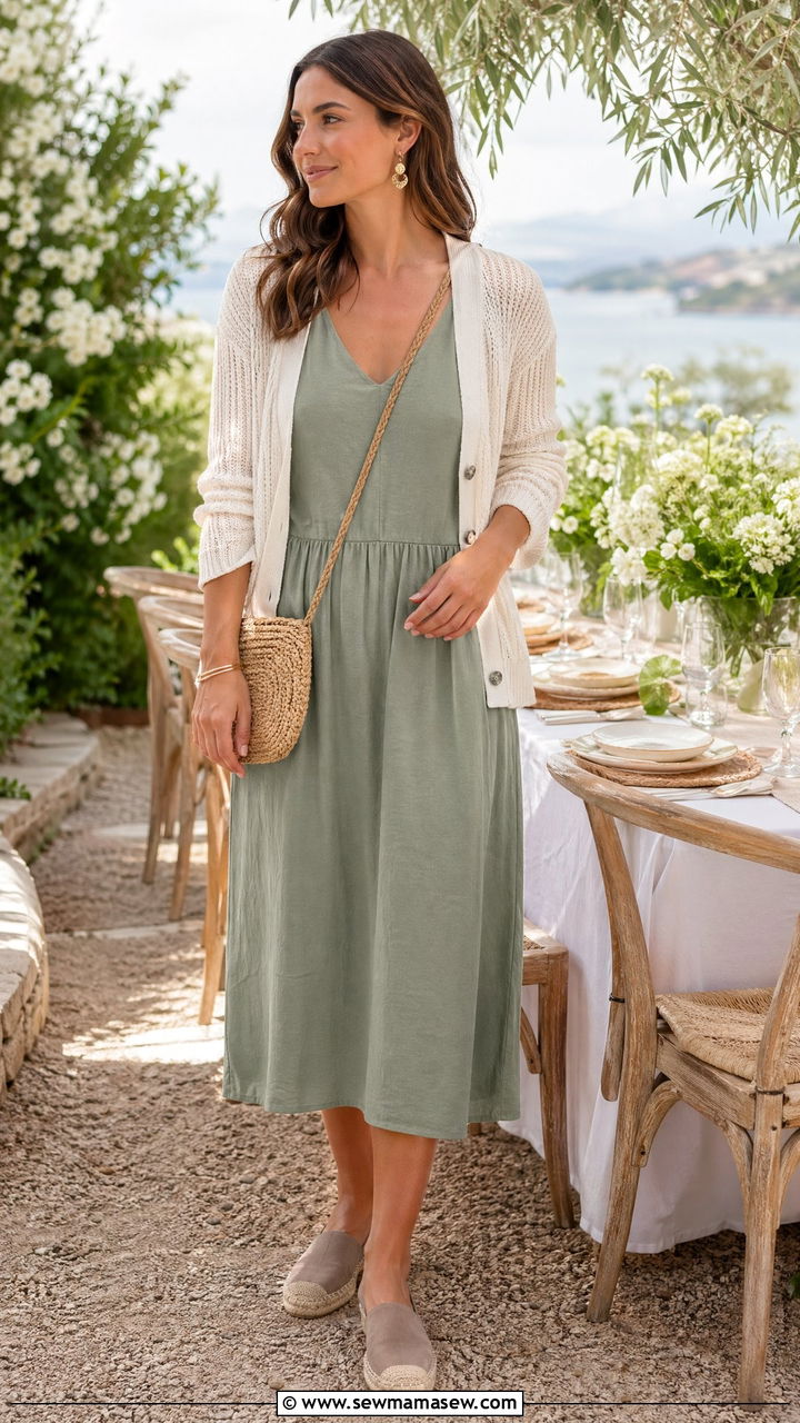 Sage Green Midi Dress and Cream Cardigan - 35 summer coastal grandmother outfit ideas
