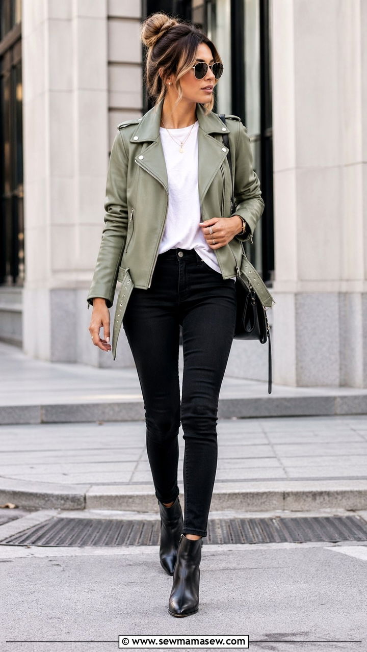 Sage Green Moto Jacket and Black Jeans Outfit - 40 All sage green outfit ideas