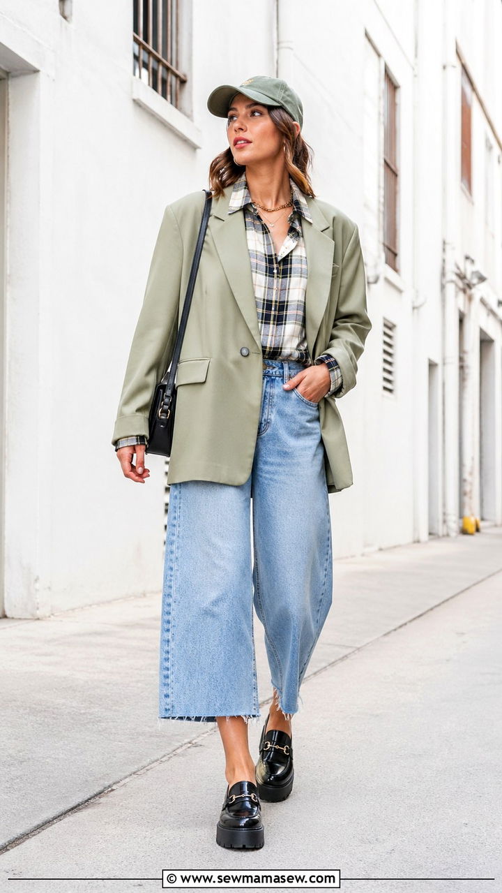 Sage Green Oversized Blazer Cropped Jeans and Plaid Shirt Street Style Outfit - 40 All sage green outfit ideas